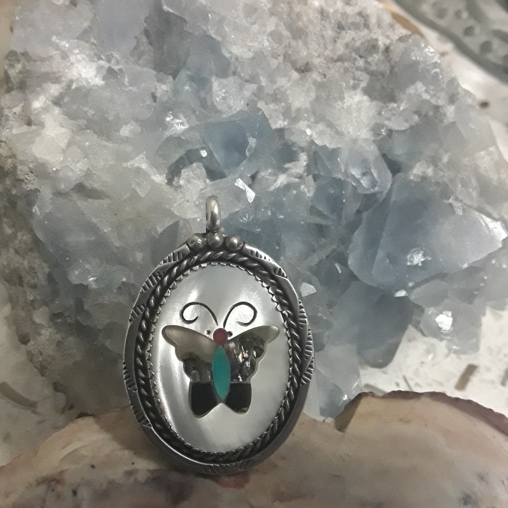 π«SOLDπ«Vintage Sterling Zuni Butterfly Pendant - Picture 1 of 7